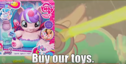 Size: 724x368 | Tagged: safe, edit, screencap, princess flurry heart, g4, beating a dead horse, buy our toys, merchandise, text, toy