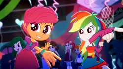 Size: 3410x1920 | Tagged: safe, screencap, rainbow dash, scootaloo, scribble dee, equestria girls, g4, my little pony equestria girls: summertime shorts, raise this roof, armpits, belt, clothes, cute, cutie mark, cutie mark on clothes, dashabetes, devil horn (gesture), fall formal outfits, female, fingerless gloves, gloves, high res, male, sleeveless, smiling