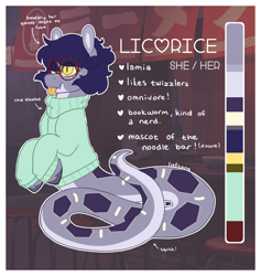 Size: 1800x1900 | Tagged: safe, artist:liefsong, oc, oc only, oc:licorice, lamia, original species, snake, snake pony, :p, braid, clothes, glasses, reference sheet, solo, sweater, tongue out, unshorn fetlocks