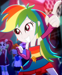 Size: 1920x2311 | Tagged: safe, screencap, rainbow dash, equestria girls, g4, my little pony equestria girls: summertime shorts, raise this roof, armpits, arms in the air, belt, clothes, cropped, cute, cutie mark, cutie mark on clothes, dashabetes, dress, fall formal outfits, female, fingerless gloves, gloves, hands in the air, high res, legs, pointing, skirt, sleeveless, sleeveless dress, smiling, solo focus