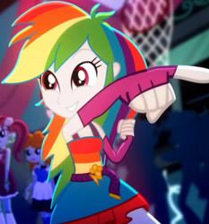 Size: 1920x2056 | Tagged: safe, screencap, rainbow dash, equestria girls, g4, my little pony equestria girls: summertime shorts, raise this roof, armpits, belt, clothes, cropped, cute, dashabetes, fall formal outfits, female, fingerless gloves, gloves, sleeveless, smiling, solo focus