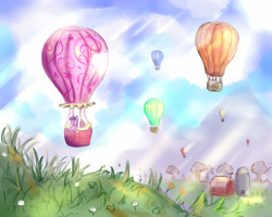 Size: 5000x4000 | Tagged: safe, artist:nedemai, spike, twilight sparkle, dragon, pony, g4, absurd resolution, balloon, floating, grass, hot air balloon, scenery