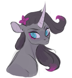 Size: 495x539 | Tagged: safe, artist:switchsugar, oleander (tfh), pony, unicorn, them's fightin' herds, community related, female, flower, flower in hair, frown, looking at you, looking back, looking back at you, solo, turned head