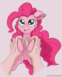Size: 1218x1502 | Tagged: safe, artist:exploretheweb, pinkie pie, earth pony, human, pony, cute, diapinkes, female, green eyes, holding a pony, holding hooves, mare, offscreen character, pov, snuggling, solo focus, tiny, tiny ponies, tongue out, wrong eye color