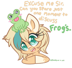 Size: 1347x1285 | Tagged: safe, artist:starlightlore, oc, oc only, oc:sun light, frog, pony, dialogue, grammar error, looking at you, raspberry, smiling, solo, tongue out