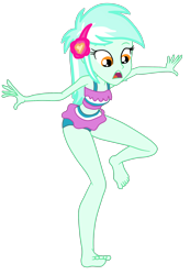 Size: 1834x2644 | Tagged: safe, artist:gmaplay, lyra heartstrings, equestria girls, equestria girls series, g4, turf war, barefoot, clothes, feet, female, looking down, losing balance, lyra heartstrings swimsuit, open mouth, simple background, solo, striped swimsuit, swimsuit, transparent background, vector