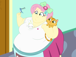Size: 1920x1440 | Tagged: safe, artist:neongothic, angel bunny, fluttershy, bird, blue jay, cat, human, rabbit, equestria girls, g4, adorafatty, animal, bbw, belly, big belly, bow, breasts, busty fluttershy, butterfly hairpin, chubby cheeks, cute, double chin, fat, fat boobs, fat fetish, fattershy, female, fetish, hair bow, morbidly obese, obese, singing, sleeping, smiling, solo, ssbbw, weight gain