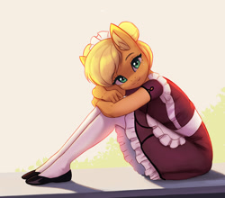 Size: 1500x1320 | Tagged: safe, artist:mrscroup, applejack, earth pony, anthro, g4, clothes, cute, female, flats, jackabetes, looking at you, maid, maidjack, shoes, sitting, smiling, socks, solo, thigh highs