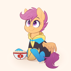 Size: 858x858 | Tagged: safe, artist:higgly-chan, scootaloo, pegasus, pony, bowl, clothes, cosplay, costume, crossover, cute, cutealoo, daaaaaaaaaaaw, female, filly, food, hoodie, invincible, popcorn, simple background, sitting, solo, this will end in tears and/or death and/or covered in tree sap, white background