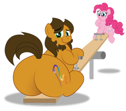 Size: 1280x1134 | Tagged: safe, artist:aleximusprime, pinkie pie, oc, oc:alex the chubby pony, earth pony, pony, g4, butt, chubby, commission, duo, facial hair, fat, huge butt, large butt, plot, seesaw, simple background, the ass was fat, transparent background