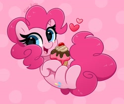 Size: 4096x3463 | Tagged: safe, artist:kittyrosie, pinkie pie, pony, g4, cupcake, cute, diapinkes, digital art, female, food, heart, high res, mare, open mouth, pink background, simple background, smiling, solo, starry eyes, wingding eyes