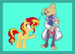 Size: 2600x1876 | Tagged: safe, artist:chelseawest, sunset shimmer, bear, g4, clothes, colored background, crossover, flask, lab coat, puyo puyo, question mark, risukuma