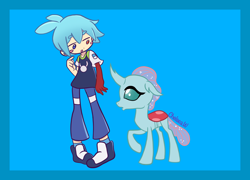 Size: 2600x1876 | Tagged: safe, artist:chelseawest, ocellus, changedling, changeling, g4, blush sticker, blushing, colored background, crossover, duo, female, heterochromia, high res, puyo puyo, sig