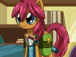 Size: 800x600 | Tagged: safe, artist:rangelost, oc, oc only, oc:trailblazer, earth pony, pony, cyoa:d20 pony, armor, bag, bed, bedroom, book, curtains, female, indoors, mare, pixel art, saddle bag, solo, sword, weapon