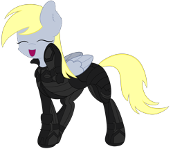 Size: 3916x3373 | Tagged: safe, artist:beigedraws, derpy hooves, pegasus, pony, g4, bodysuit, clothes, elite dangerous, eyes closed, high res, hoof on cheek, open mouth, open smile, remlok suit, smiling, solo