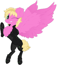 Size: 4052x4566 | Tagged: safe, artist:beigedraws, oc, oc only, pegasus, pony, bodysuit, chest fluff, clothes, elite dangerous, grin, one eye closed, rearing, remlok suit, smiling, solo, spread wings, wings, wink