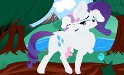 Size: 6273x3841 | Tagged: safe, artist:beigedraws, rarity, sweetie belle, pony, unicorn, g4, :3, absurd resolution, chest fluff, cloud, cute, diasweetes, eyes closed, female, filly, flower, mare, mountain, raised leg, river, siblings, sisters, smiling, tree