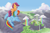 Size: 2048x1349 | Tagged: safe, artist:biocrine, rainbow dash, scootaloo, pegasus, pony, g4, butt, cloud, cute, cutealoo, cutie mark, female, filly, mare, mountain, plot, ponies riding ponies, rainbow falls (location), rainbow waterfall, riding, scenery, scootabutt, scootaloo riding rainbow dash, scootalove, sibling love, sisterly love, spread wings, the cmc's cutie marks, unshorn fetlocks, wings