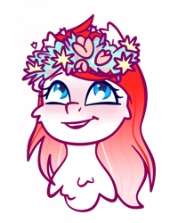 Size: 700x875 | Tagged: safe, artist:sb66, oc, oc only, oc:making amends, pegasus, pony, bust, commission, female, floral head wreath, flower, looking up, mare, open mouth, open smile, pegasus oc, smiling, solo, ych result