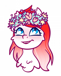 Size: 700x875 | Tagged: safe, anonymous artist, oc, oc only, oc:making amends, pegasus, pony, bust, commission, female, floral head wreath, flower, looking up, mare, open mouth, open smile, pegasus oc, smiling, solo, ych result