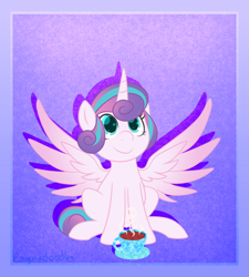 Size: 900x1000 | Tagged: safe, artist:enigmadoodles, princess flurry heart, alicorn, pony, g4, cute, female, filly, flurrybetes, food, older, smiling, solo, spread wings, tea, wings