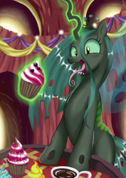 Size: 2480x3508 | Tagged: safe, artist:neoshrek, queen chrysalis, changeling, changeling queen, frenemies (episode), g4, crown, cupcake, female, food, high res, jewelry, long tongue, regalia, solo, table, tongue out