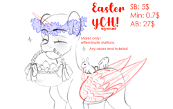Size: 1202x756 | Tagged: safe, artist:azaani, alicorn, earth pony, pegasus, pony, rabbit, unicorn, animal, any race, basket, easter, easter bunny, easter egg, eyes closed, female, floral head wreath, flower, holiday, horn, mare, mouth hold, simple background, solo, white background, wings, ych example, your character here