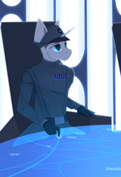 Size: 2600x3800 | Tagged: source needed, safe, artist:chapaevv, oc, oc only, oc:grey shore, unicorn, anthro, clothes, crossover, galactic empire, high res, imperial, sitting, solo, star wars, uniform