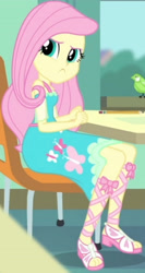Size: 1920x3608 | Tagged: safe, screencap, fluttershy, bird, a little birdie told me, equestria girls, g4, my little pony equestria girls: better together, chair, clothes, cropped, cutie mark, cutie mark on clothes, feet, female, geode of fauna, jewelry, magical geodes, necklace, sandals, sitting, solo, table