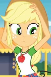 Size: 1920x2931 | Tagged: safe, screencap, applejack, equestria girls, equestria girls specials, g4, my little pony equestria girls: better together, my little pony equestria girls: rollercoaster of friendship, applejack's hat, belt, clothes, cowboy hat, cropped, cute, cutie mark, cutie mark on clothes, denim skirt, female, freckles, geode of super strength, hands on head, hat, jackabetes, jewelry, magical geodes, necklace, skirt, solo