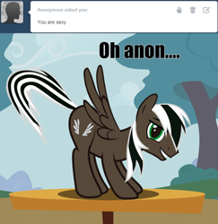 Size: 540x556 | Tagged: safe, artist:spectty, oc, oc:spectty, pegasus, pony, ask, caption, image macro, kinky, male, on table, pegasus oc, presenting, sexy, stallion, striped tail, text, tumblr, two toned mane