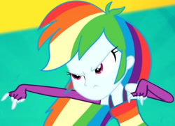 Size: 2658x1920 | Tagged: safe, screencap, rainbow dash, equestria girls, g4, my little pony equestria girls: summertime shorts, raise this roof, clothes, cropped, devil horn (gesture), fall formal outfits, female, fingerless gloves, gloves, sleeveless, solo