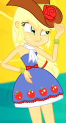 Size: 1920x3558 | Tagged: safe, screencap, applejack, equestria girls, g4, my little pony equestria girls: summertime shorts, raise this roof, armpits, bare shoulders, clothes, cowboy hat, cropped, cutie mark, cutie mark on clothes, fall formal outfits, female, freckles, hat, sleeveless, solo, strapless