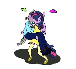Size: 983x889 | Tagged: safe, anonymous artist, derpibooru exclusive, spike, twilight sparkle, alicorn, dragon, anthro, g4, bondage, bridal carry, carrying, clothes, dress, female, kiss on the lips, kissing, male, mare, mary janes, older, older spike, pants, ship:twispike, shipping, shoes, simple background, skirt, spikesub, straight, tied up, twidom, twilight sparkle (alicorn), white background