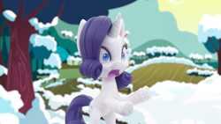 Size: 1920x1080 | Tagged: safe, screencap, rarity, pony, unicorn, g4.5, my little pony: stop motion short, snowball fight (short), bipedal, female, open mouth, snow, solo, stop motion