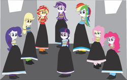 Size: 1351x856 | Tagged: safe, artist:caido58, applejack, fluttershy, pinkie pie, rainbow dash, rarity, starlight glimmer, sunset shimmer, twilight sparkle, equestria girls, g4, arm behind back, bondage, bound and gagged, cloth gag, clothes, gag, help us, humane five, humane seven, humane six, long skirt, skirt, tied up, twilight sparkle (alicorn), western