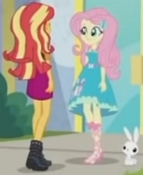 Size: 1920x2343 | Tagged: safe, screencap, angel bunny, fluttershy, sunset shimmer, rabbit, equestria girls, equestria girls series, g4, so much more to me, animal, blurry, clothes, cropped, cutie mark, cutie mark on clothes, dress, female, geode of fauna, hairpin, jacket, jewelry, leather, leather jacket, magical geodes, male, necklace, sandals, skirt