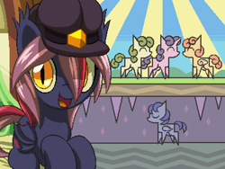 Size: 800x600 | Tagged: safe, artist:rangelost, oc, oc only, oc:moonflower, bat pony, pony, cyoa:d20 pony, bat pony oc, cap, female, hat, looking at you, lying down, mare, open mouth, pixel art, solo, talking to viewer, train