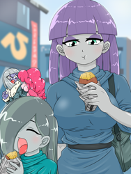 Size: 1668x2224 | Tagged: safe, artist:batipin, limestone pie, marble pie, maud pie, pinkie pie, equestria girls, g4, breasts, busty maud pie, eating, equestria girls-ified, eyes closed, female, food, hair over one eye, open mouth, pie sisters, siblings, sisters, sweet potato, tongue out
