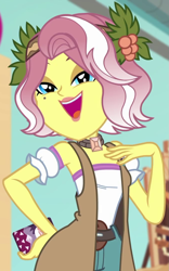 Size: 675x1080 | Tagged: safe, screencap, vignette valencia, equestria girls, equestria girls specials, g4, my little pony equestria girls: better together, my little pony equestria girls: rollercoaster of friendship, cellphone, clothes, cropped, eyeshadow, female, flower, flower in hair, holly, lips, lipstick, makeup, phone, pose, smiling, solo, talking