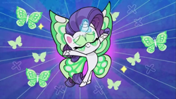 Size: 1147x645 | Tagged: safe, screencap, rarity, butterfly, pony, unicorn, communication shakedown, g4.5, my little pony: pony life, butterfly wings, eyes closed, female, solo, wings