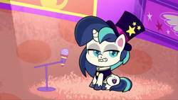 Size: 1147x645 | Tagged: safe, screencap, shining armor, pony, unicorn, g4.5, little miss fortune, my little pony: pony life, spoiler:pony life s02e20, hat, lip bite, male, microphone, sitting, solo, top hat