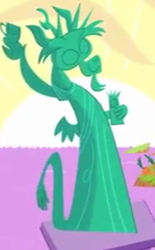 Size: 247x399 | Tagged: safe, screencap, discord, draconequus, back to the present, g4.5, my little pony: pony life, spoiler:pony life s02e12, cropped, discord statue, male, statue, statue of liberty