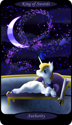 Size: 1500x2591 | Tagged: safe, artist:sixes&sevens, part of a set, prince blueblood, butterfly, pony, unicorn, g4, crescent moon, crossed hooves, fainting couch, king of swords, male, minor arcana, moon, night, outdoors, reclining, solo, sword, tarot card, weapon