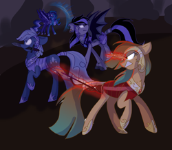 Size: 2400x2095 | Tagged: safe, artist:gallantserver, oc, oc only, oc:astrea, oc:starry knight, oc:winter flake, alicorn, bat pony, earth pony, pony, unicorn, concave belly, female, high res, magic, magical gay spawn, mare, mouth hold, offspring, parent:double diamond, parent:party favor, parent:royal guard, parent:zecora, parents:guardcora, parents:partydiamond, sword, weapon