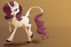 Size: 4096x2731 | Tagged: safe, artist:unfinishedheckery, rarity, pony, unicorn, g4, colored hooves, curved horn, female, gradient background, horn, leonine tail, lidded eyes, looking at you, mare, missing cutie mark, open mouth, smiling, smiling at you, solo, unshorn fetlocks