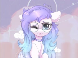 Size: 2000x1500 | Tagged: safe, artist:radioaxi, oc, oc only, pony, :p, abstract background, bust, chest fluff, choker, cute, female, floppy ears, glasses, looking at you, one eye closed, portrait, raised hoof, round glasses, solo, tongue out, wink, winking at you