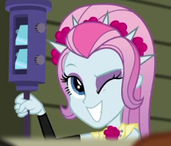 Size: 261x223 | Tagged: safe, screencap, violet blurr, constructive criticism, constructive criticism: photo finish, equestria girls, g4, my little pony equestria girls: better together, cropped, one eye closed, solo, wink