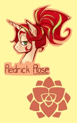 Size: 924x1479 | Tagged: safe, artist:miss_glowwormis, oc, oc only, oc:redrick rose, pony, unicorn, lidded eyes, looking at you, smiling, solo