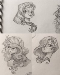 Size: 1638x2048 | Tagged: safe, artist:miss_glowwormis, izzy moonbow, pipp petals, sunny starscout, earth pony, pegasus, pony, unicorn, g5, bust, looking at you, portrait, sketch, smiling, traditional art